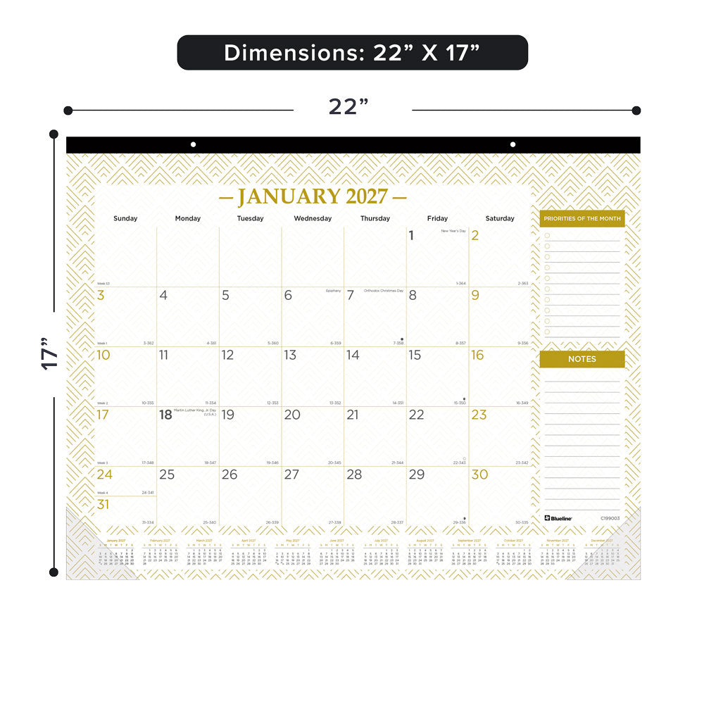 Monthly Desk Pad Calendar, Classic Gold, English, 2027 C199003-27 Blueline C199003