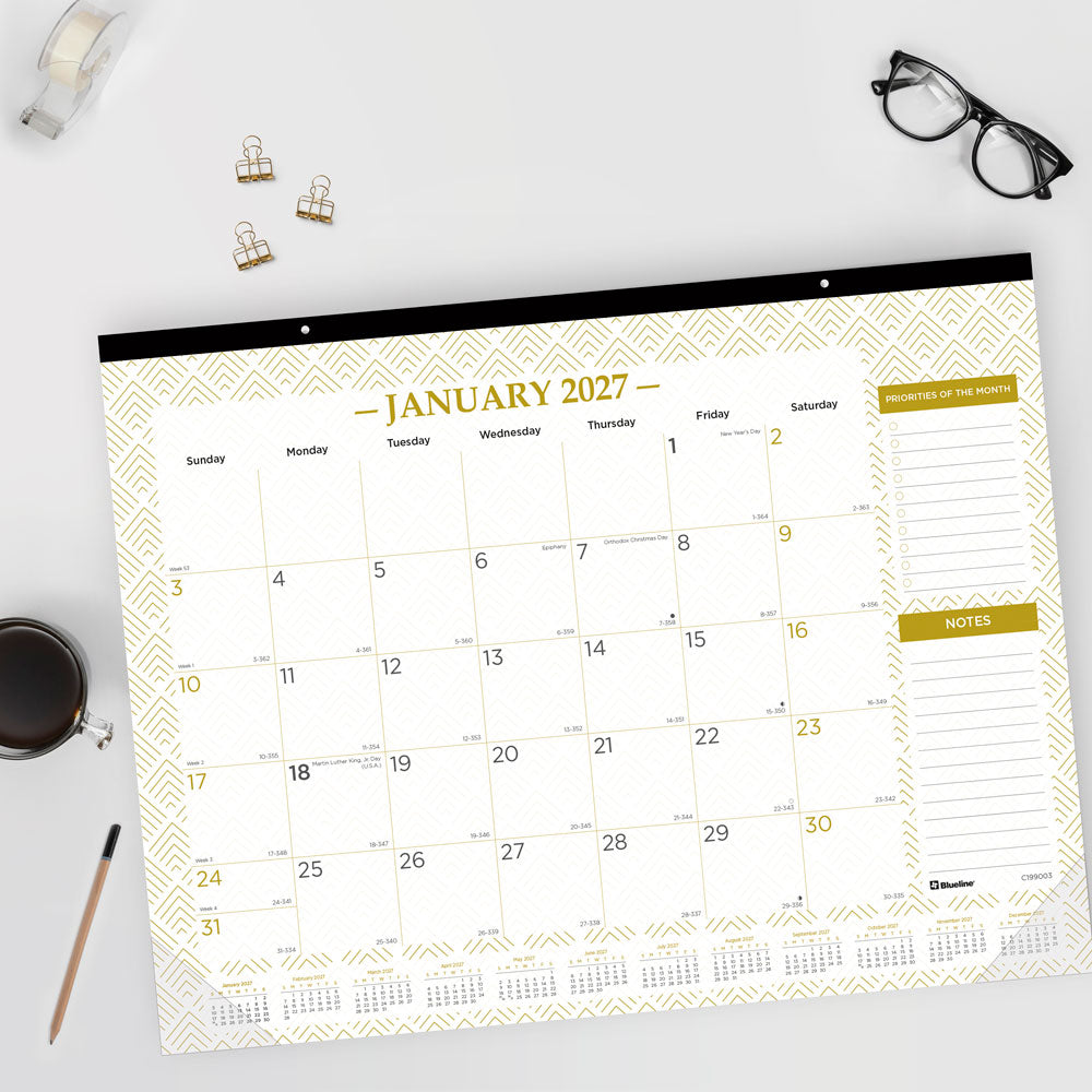 Monthly Desk Pad Calendar, Classic Gold, English, 2027 C199003-27 Blueline C199003