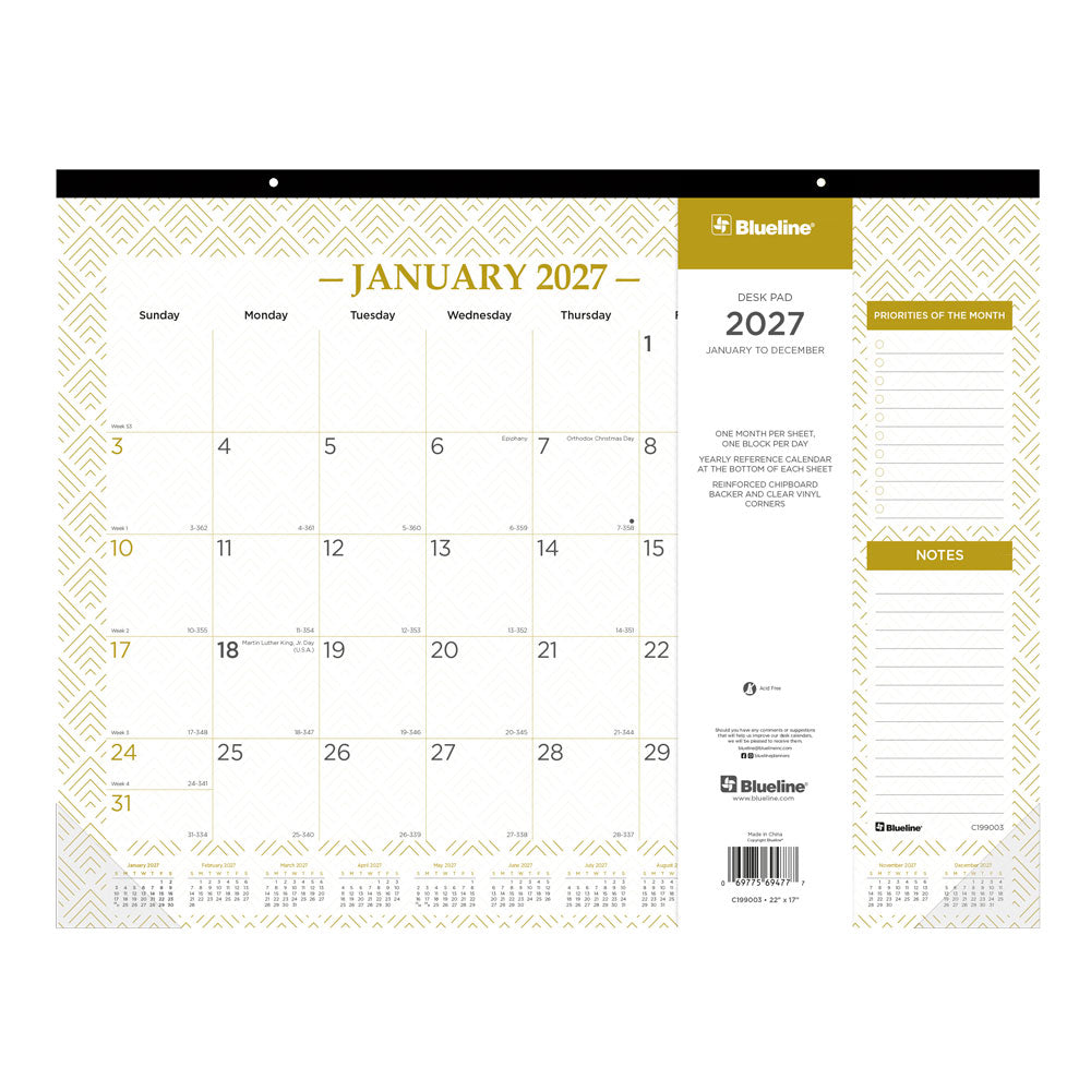 Monthly Desk Pad Calendar, Classic Gold, English, 2027 C199003-27 Blueline C199003