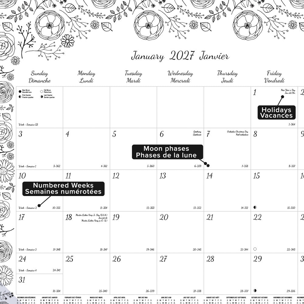 Monthly Desk Pad Calendar, DoodlePlan™, Bilingual, 2027 C2917311B-27 Blueline C2917311B