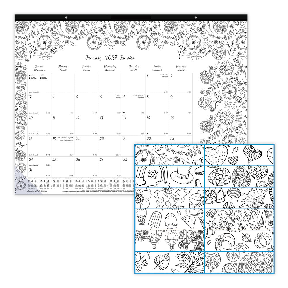Monthly Desk Pad Calendar, DoodlePlan™, Bilingual, 2027 C2917311B-27 Blueline C2917311B