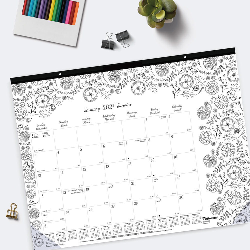 Monthly Desk Pad Calendar, DoodlePlan™, Bilingual, 2027 C2917311B-27 Blueline C2917311B