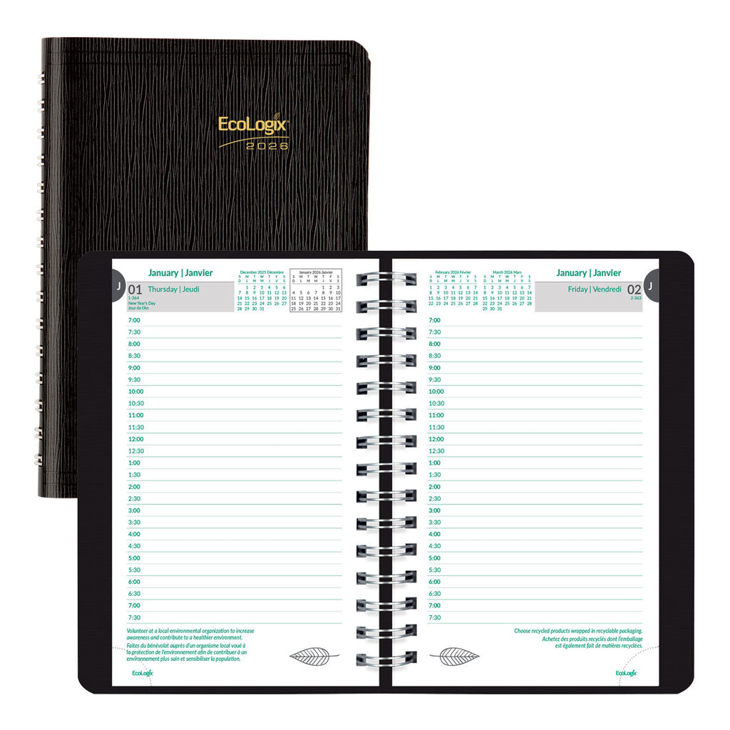 EcoLogix® Daily Planner 2026, Bilingual, Black (C410W.81B-26