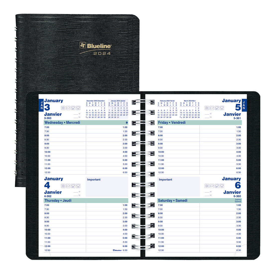 Essential Two-Day Per Page Planner 2024, Bilingual, Black - C5104.81BT