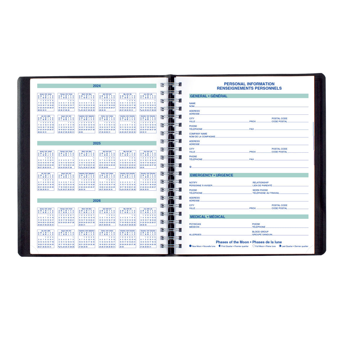 Essential Daily Appointment Book for 4 Persons 2025, Bilingual, Black (C960.81BT-25)