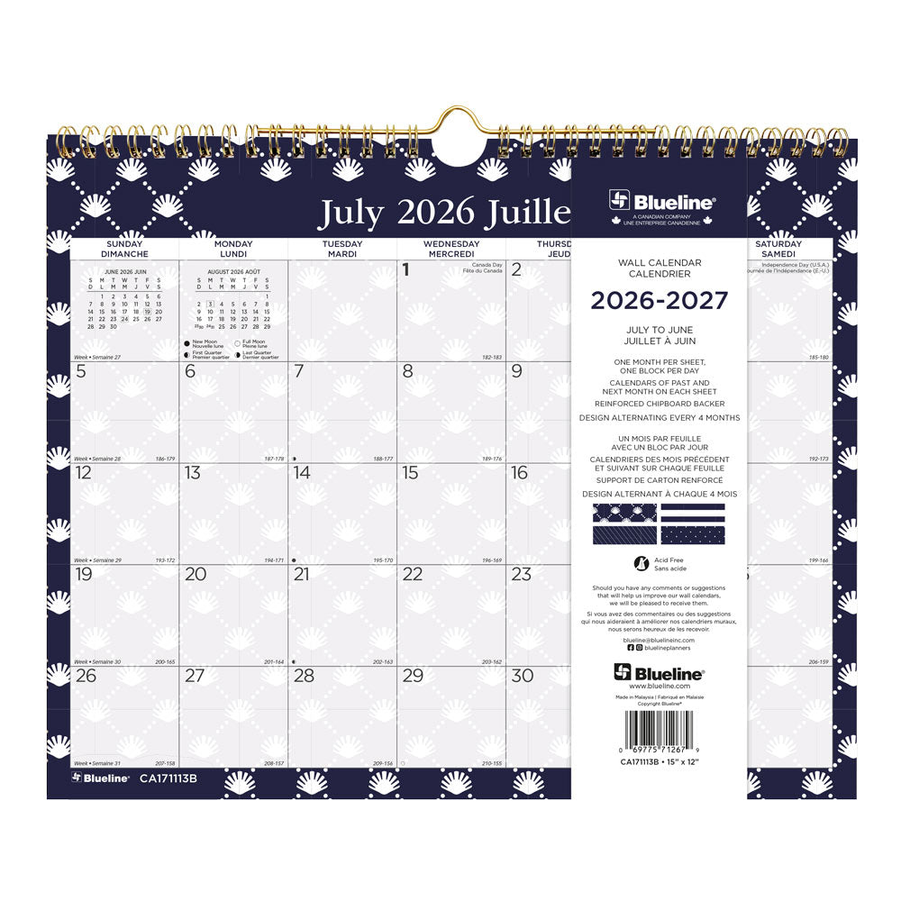 Academic Monthly Small Wall Calendar 2027, Bilingual, Nautical CA171113B