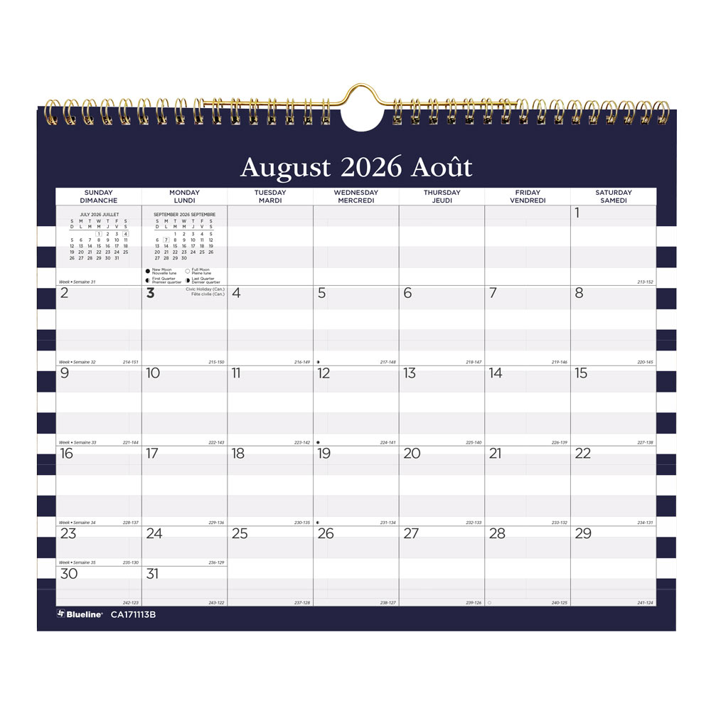 Academic Monthly Small Wall Calendar 2027, Bilingual, Nautical CA171113B