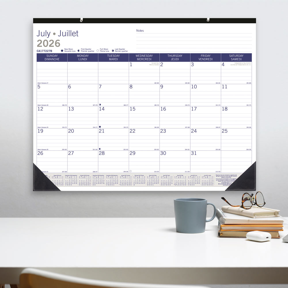 DuraGlobe™ Academic Monthly Desk Pad Calendar, Bamboo, 2026-2027 - Bilingual CA177227B