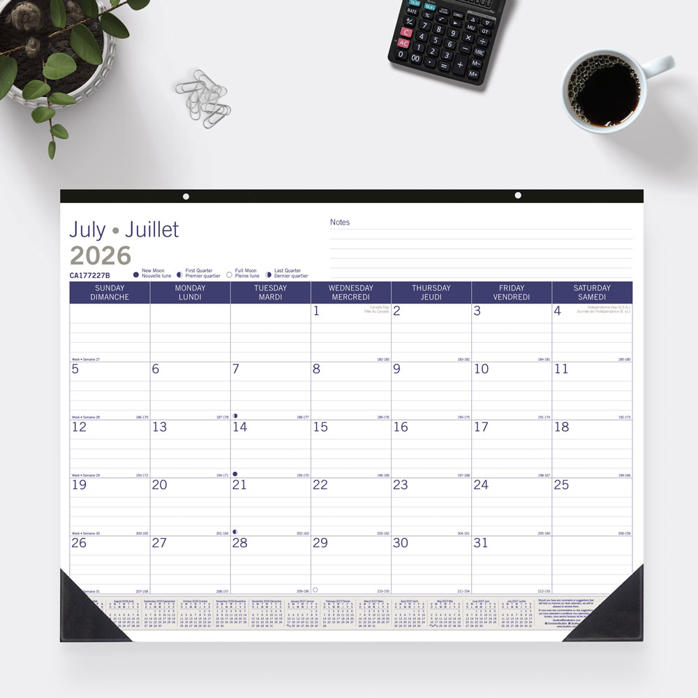 DuraGlobe™ Academic Monthly Desk Pad Calendar, Bamboo, 2026-2027 - Bilingual CA177227B