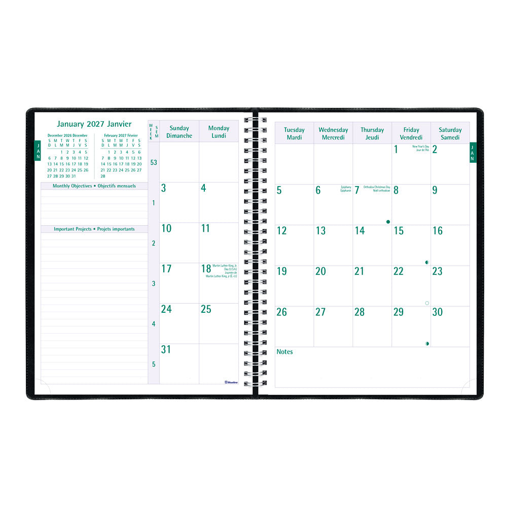 Timanager® 13-Month Weekly/Monthly Appointment Book, 2027, Bilingual, Black CBBM2.BLK-27 Blueline CBBM2.BLK