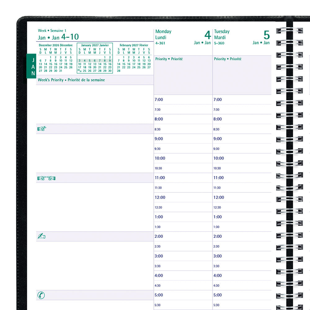 Timanager® 13-Month Weekly/Monthly Appointment Book, 2027, Bilingual, Black CBBM2.BLK-27 Blueline CBBM2.BLK