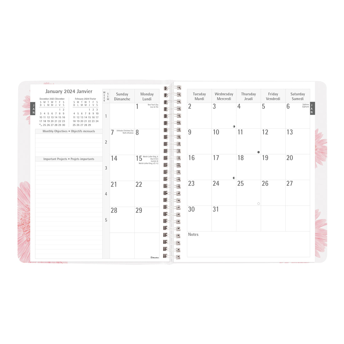 Timanager®/Pink Ribbon Weekly Planner 2024, Bilingual, Pink Daisy design