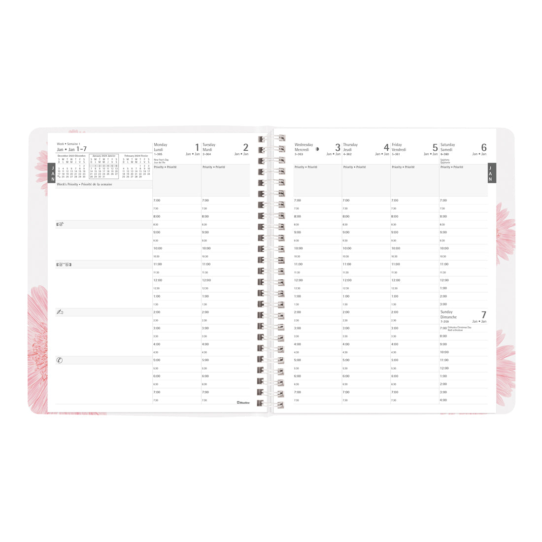 Timanager®/Pink Ribbon Weekly Planner 2024, Bilingual, Pink Daisy design
