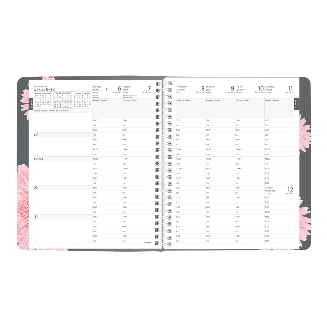 Timanager®/Pink Ribbon Weekly Planner 2025, Bilingual, Pink Daisy design, CBBM2.PNK
