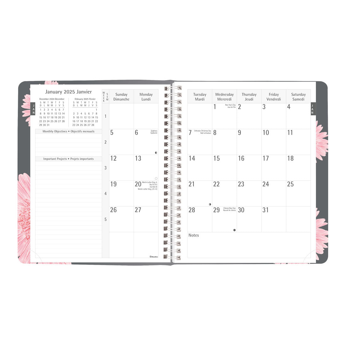 Timanager®/Pink Ribbon Weekly Planner 2025, Bilingual, Pink Daisy design, CBBM2.PNK