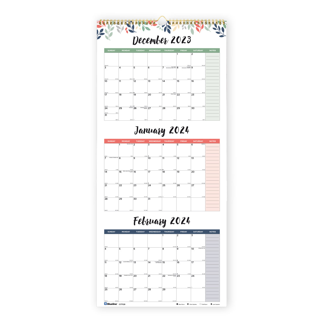 Colourful Three-Month Wall Calendar 2024