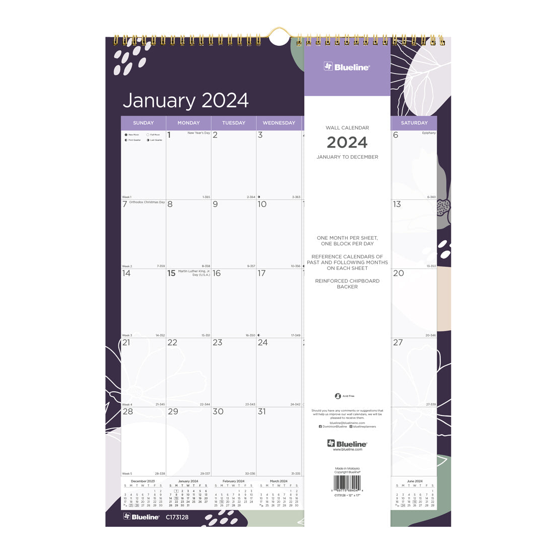 Gold Detail Monthly Wall Calendar 2024