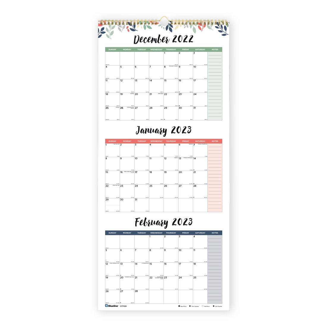 Colourful Three-Month Wall Calendar 2024, English
